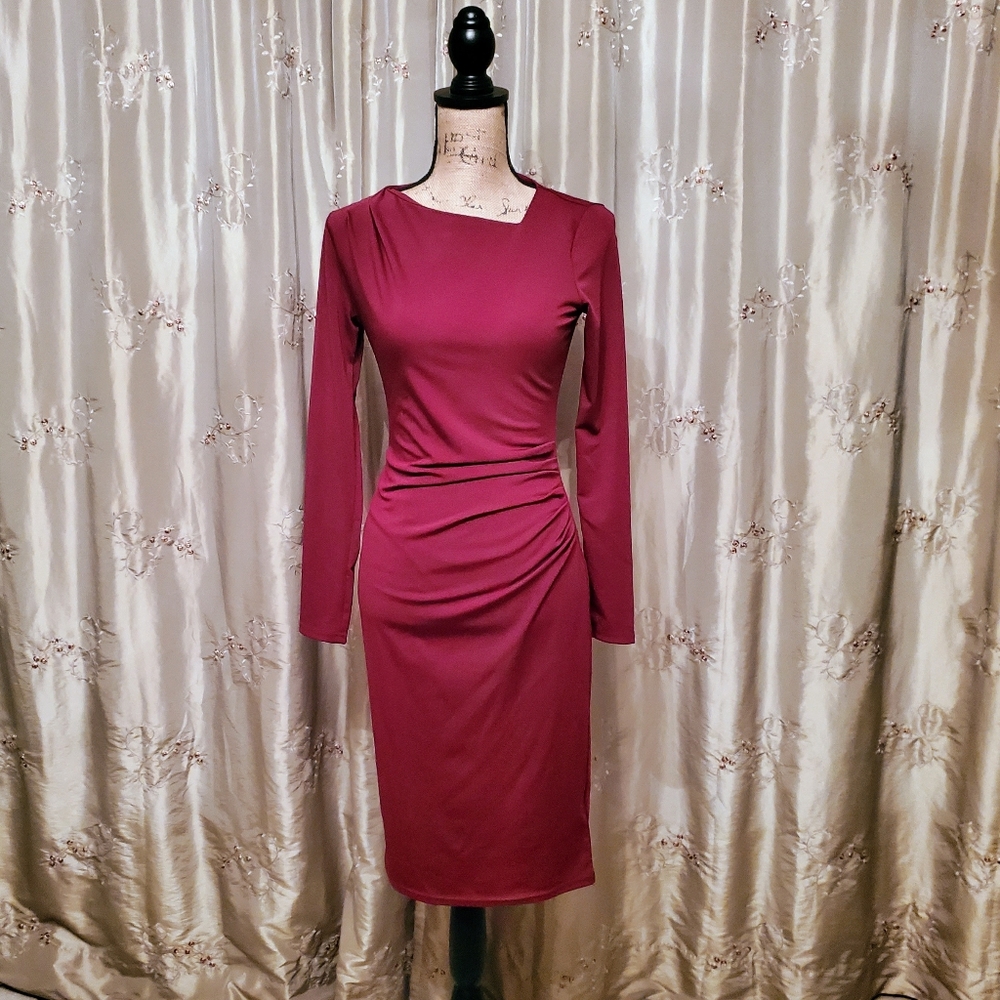 Burgundy asymmetrical neckline pencil dress